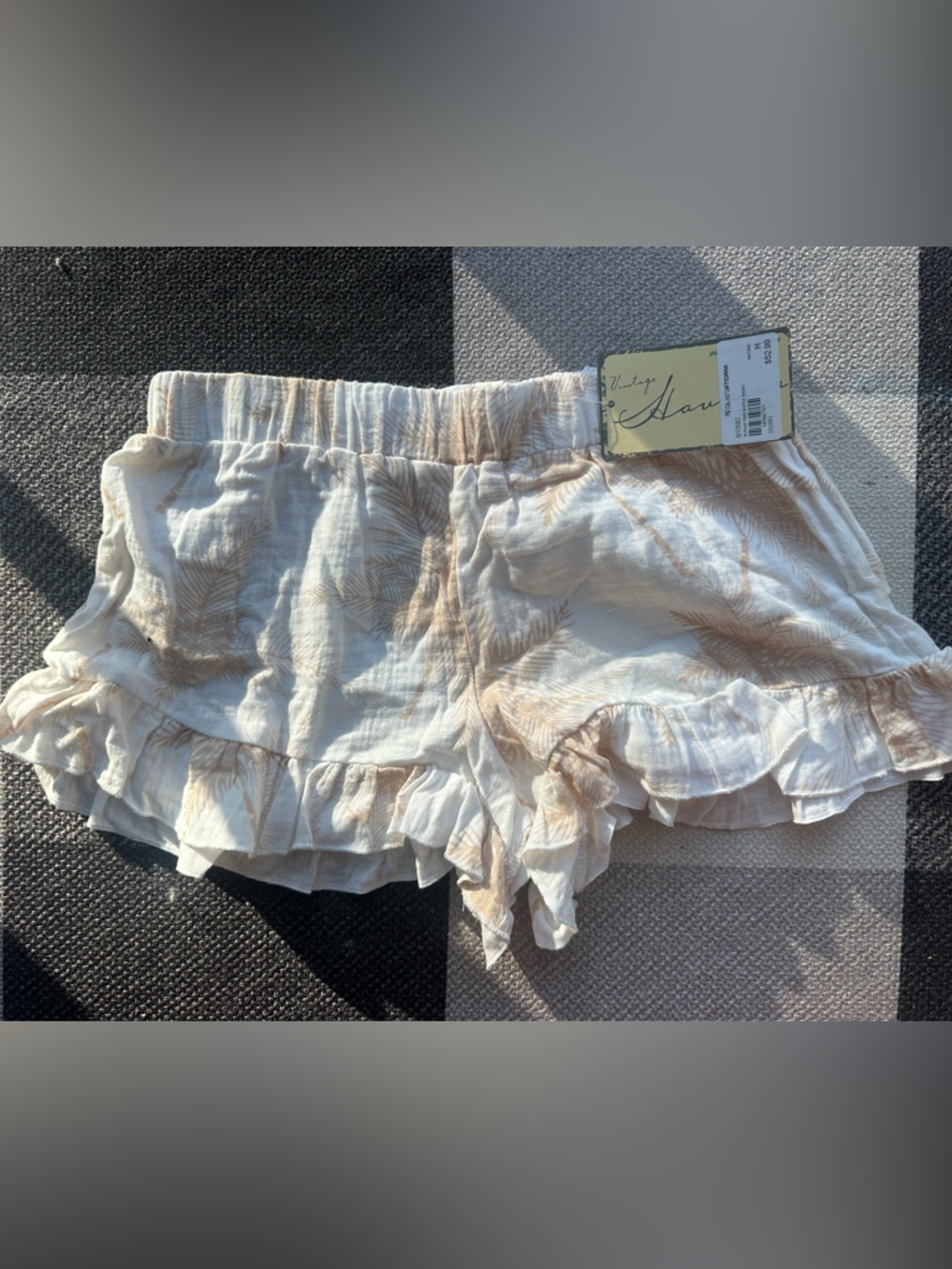 Vintage Havana Cream Shorts with Tan Palm Print and Ruffle Trim